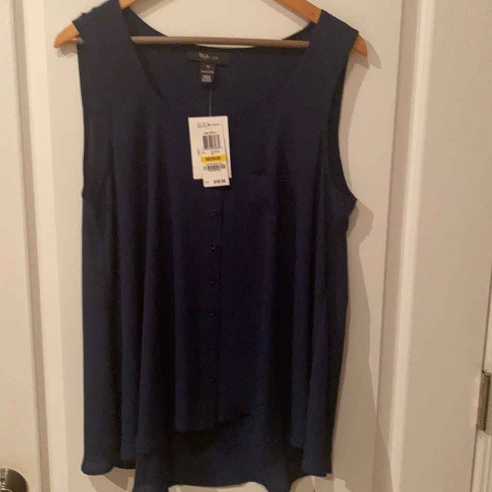 Style & Company navy faux button front hi low flared hem NWT